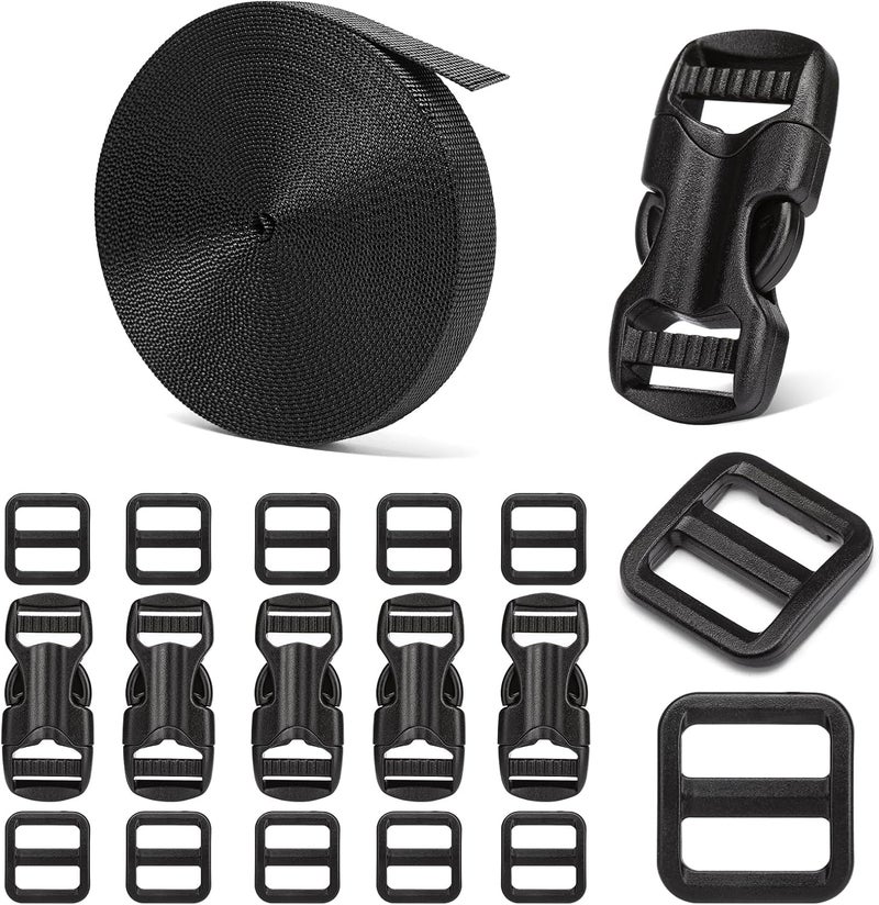 BEYOURD 5/8" Buckle and Strap Set: 6 Yards of Thick Nylon Webbing, 6 Pack Quick Side Release Adjustable Plastic Buckles, 12 Tri-Glide Slide Clips, Black (5/8 Inch Combo Set) - Image 1